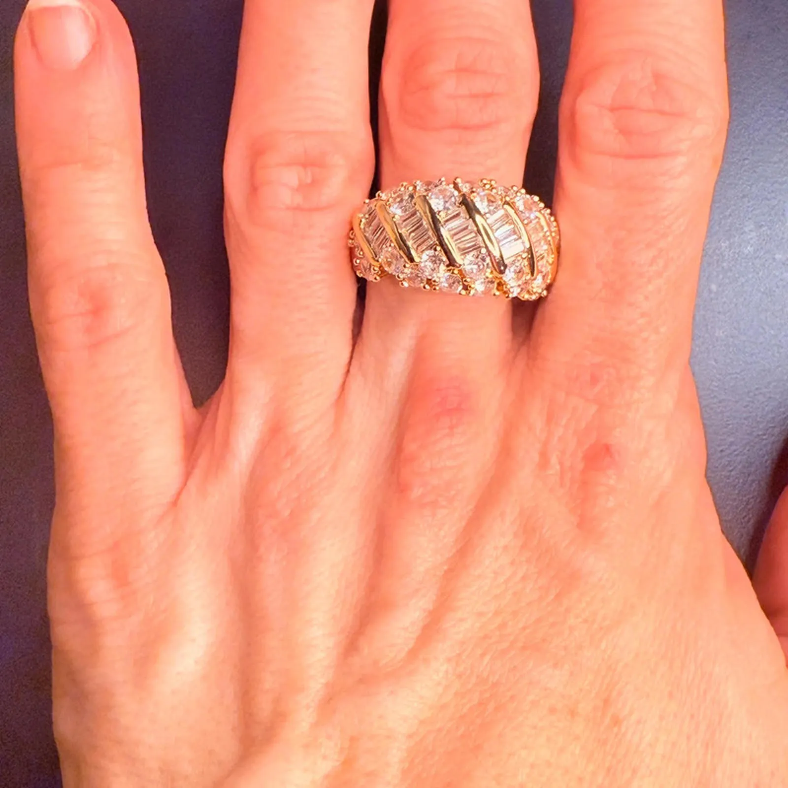 Gold Baguette Crystal Statement Cocktail Ring Size 8 Glam NWT - Image 2