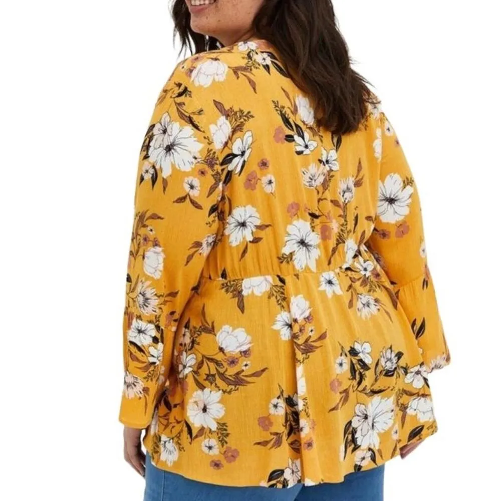 TORRID Yellow Gauze Crochet Trim Lace Up Floral Babydoll Smocked Top ~ Women's L - Image 2