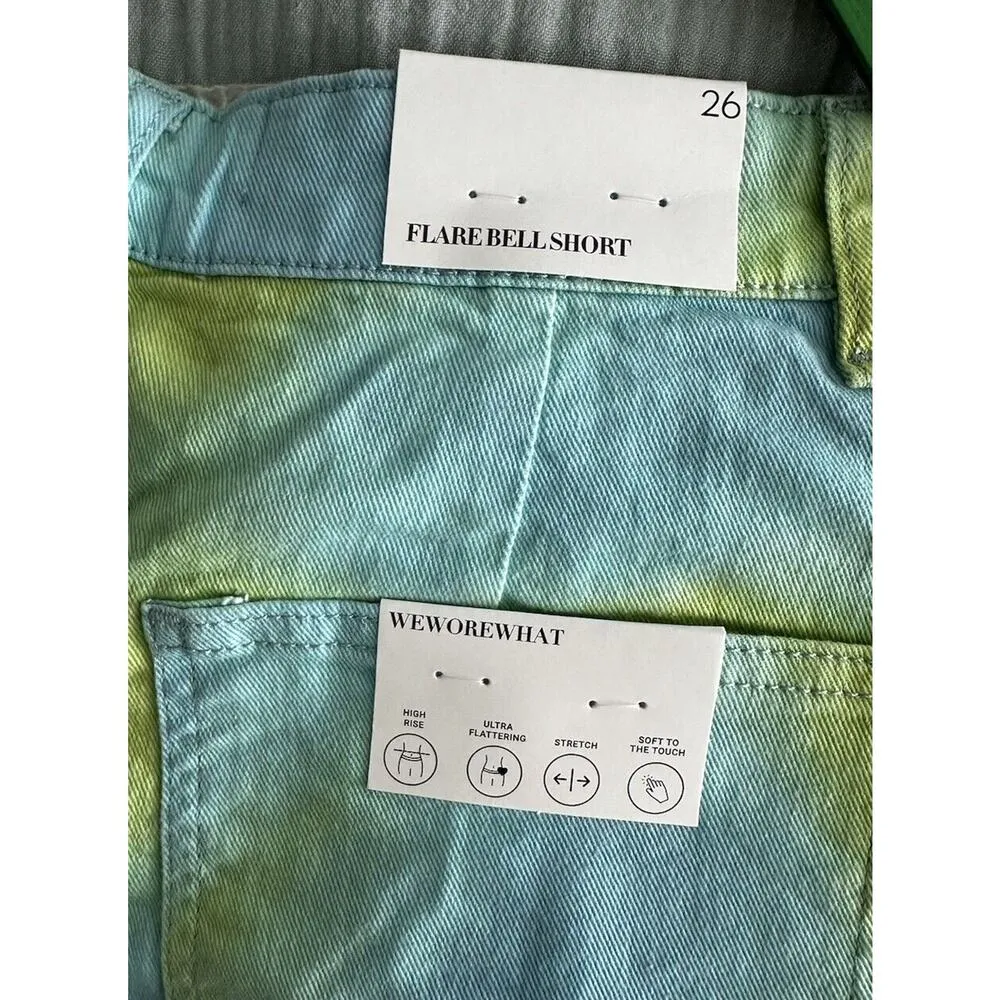 New WeWoreWhat Flare Bell Short Stretch Twill Denim Tie Dye Green Blue Size 26 - Image 5
