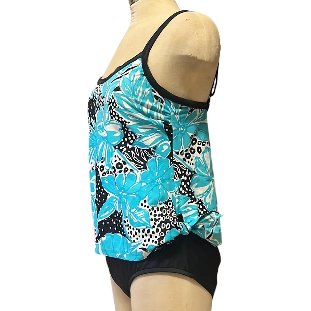 Vintage Maxine of Hollywood Swimsuit One Piece Blue Black Floral 12 - Image 3