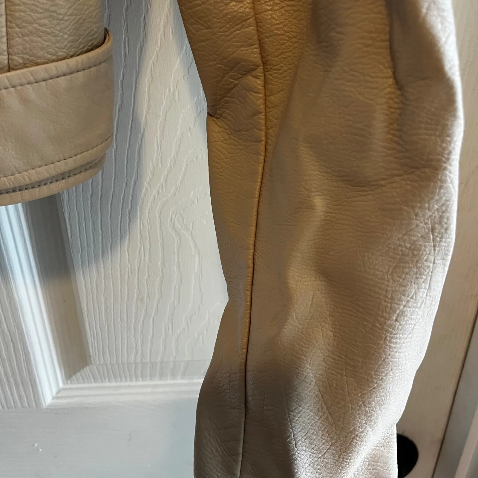 Faux Leather Motorcycle Biker Jacket with Belt Buckle - Beige Moto Bomber Size M - Image 8