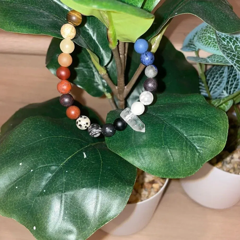 CRYSTALINE HEALING CHAKRA MULTI STONE BEADED BRACELET WITH CLEAR QUARTZ CRYSTAL Green - Image 9