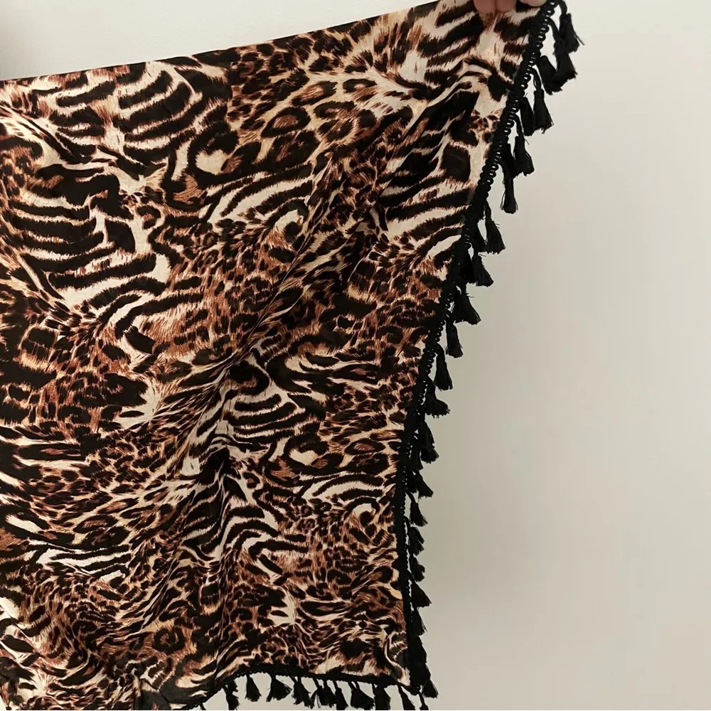 Bobbie Brooks Kimono Cardigan Fringe Leopard Animal Print Brown Black Cream - Image 4