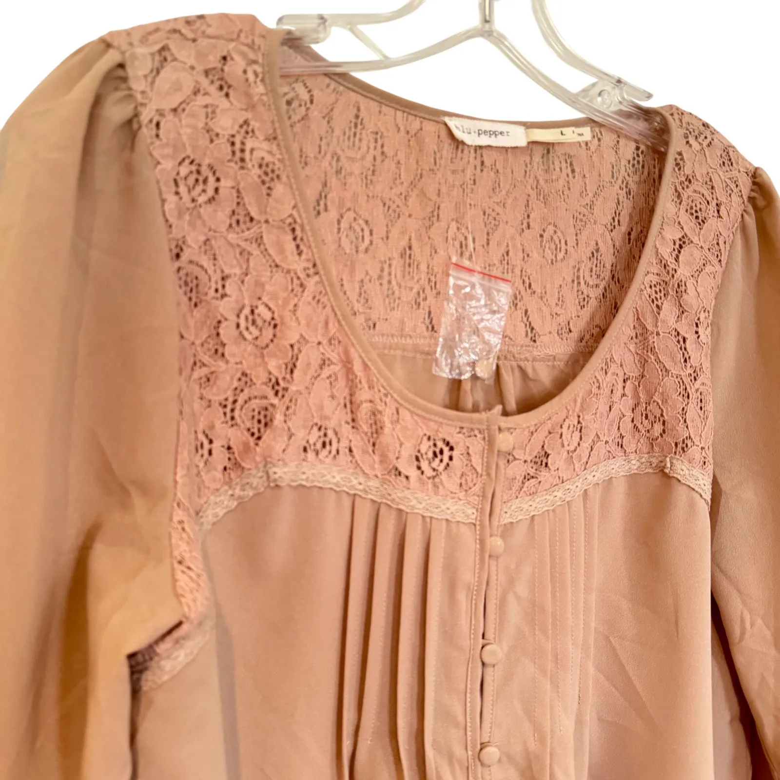 Blu Pepper Rose Lace Pleated Blouse Women's Large Tan Feminine Dainty Coquette - Image 2