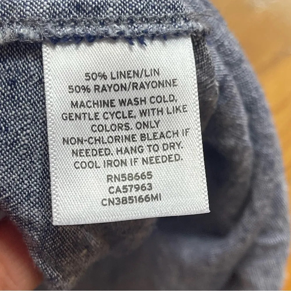 Carlson Chambray Linen Button Up Top Tunic Twisted waist front Blue Sz medium - Image 9