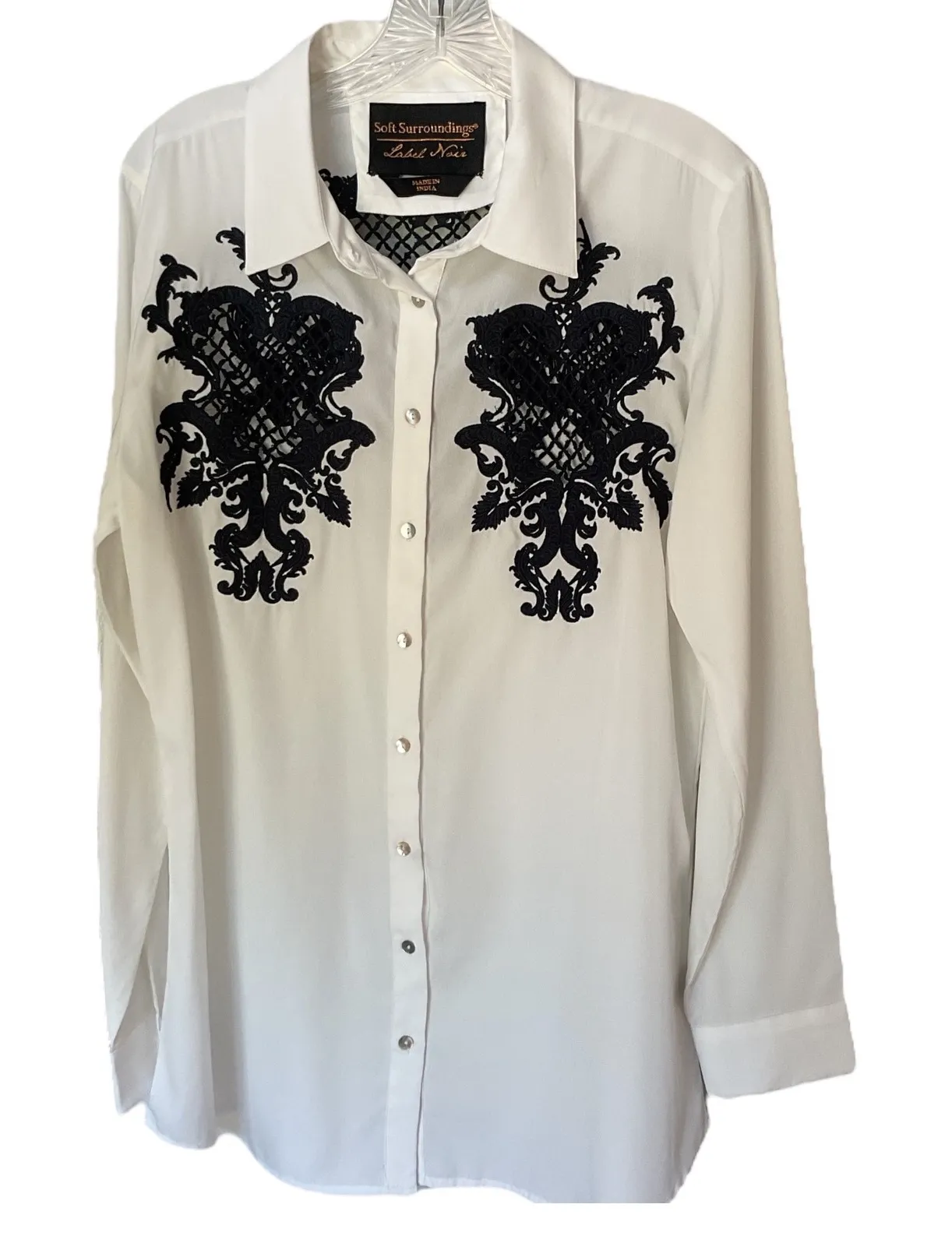 Soft Surroundings Label Noir White Button Down Shirt Blue Lace Detail - Image 1