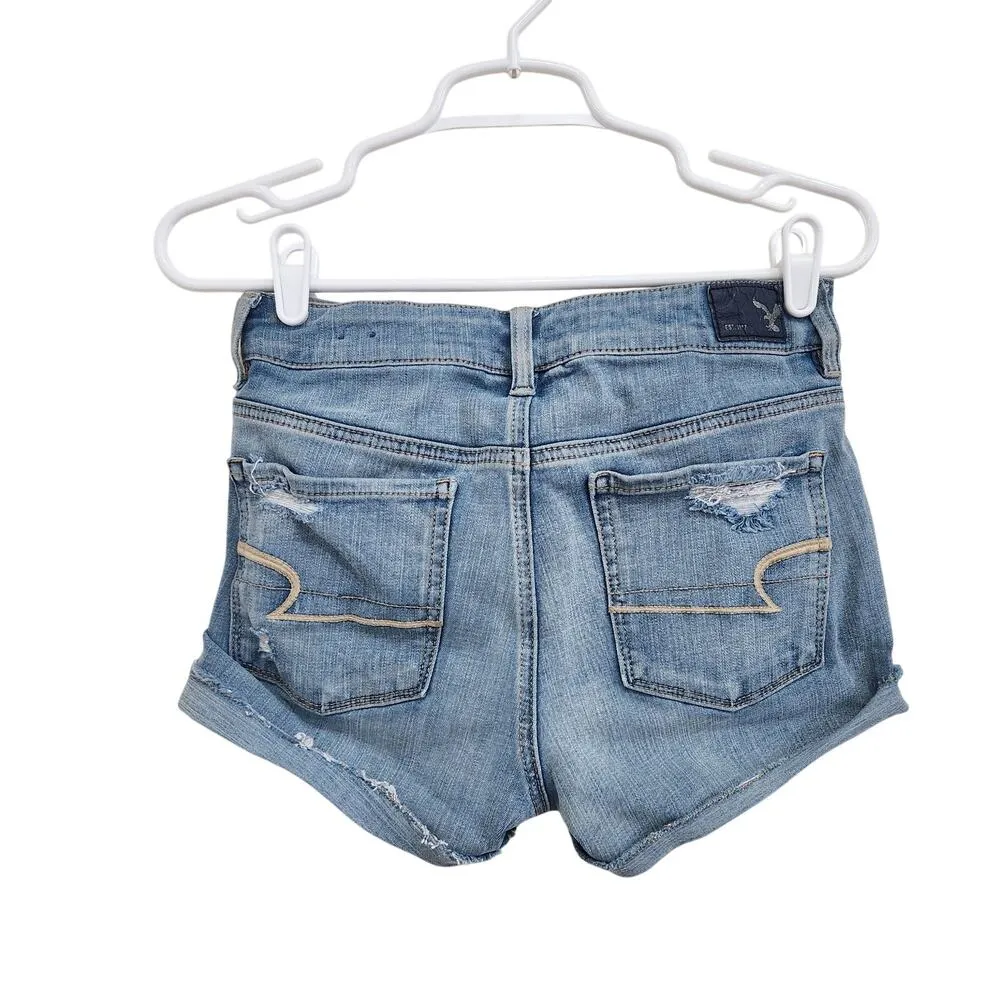 American Eagle AE Distressed High Rise Shorts Blue Denim Cuffed Raw Hem Size 4 - Image 2