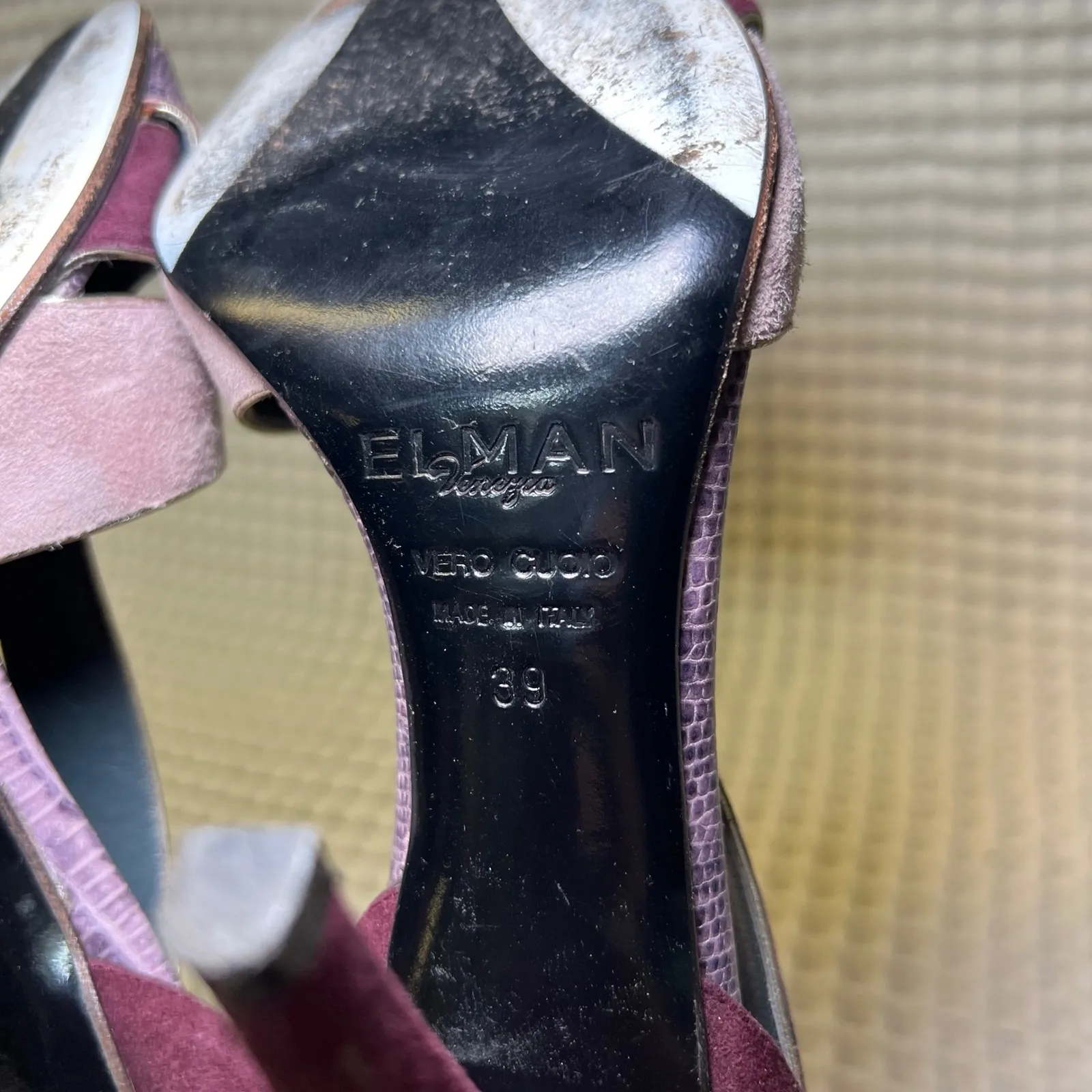 ELMAN Venezia Made in Italy Women's Burgundy Suede Snakeskin Heels Size 39 Purple - Image 7