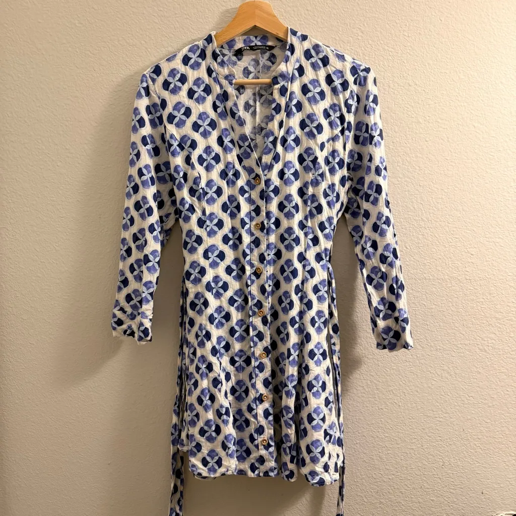 ZARA Linen Blend Printed Tie Waist Mini Dress Blue Womens Size Small Coastal - Image 3