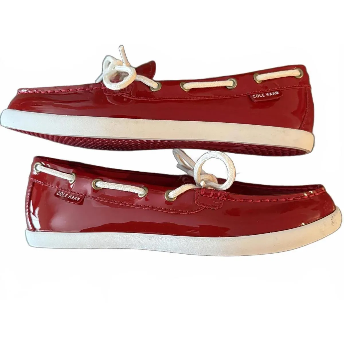 NEW Cole Haan Women's Loafers Boat Shoes Size 7.5B Shiny Red White Ties Casual - Image 2