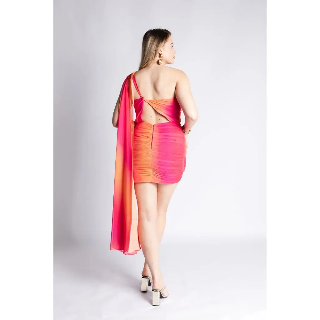 YAURA Folake Dress in Sunset Print Medium New Womens Ruched Cocktail Pink - Image 10