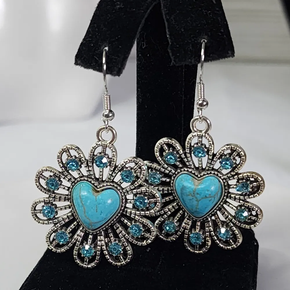 Boho Silver Turquoise Color Natural Stone Heart Flower Earrings New Blue - Image 3