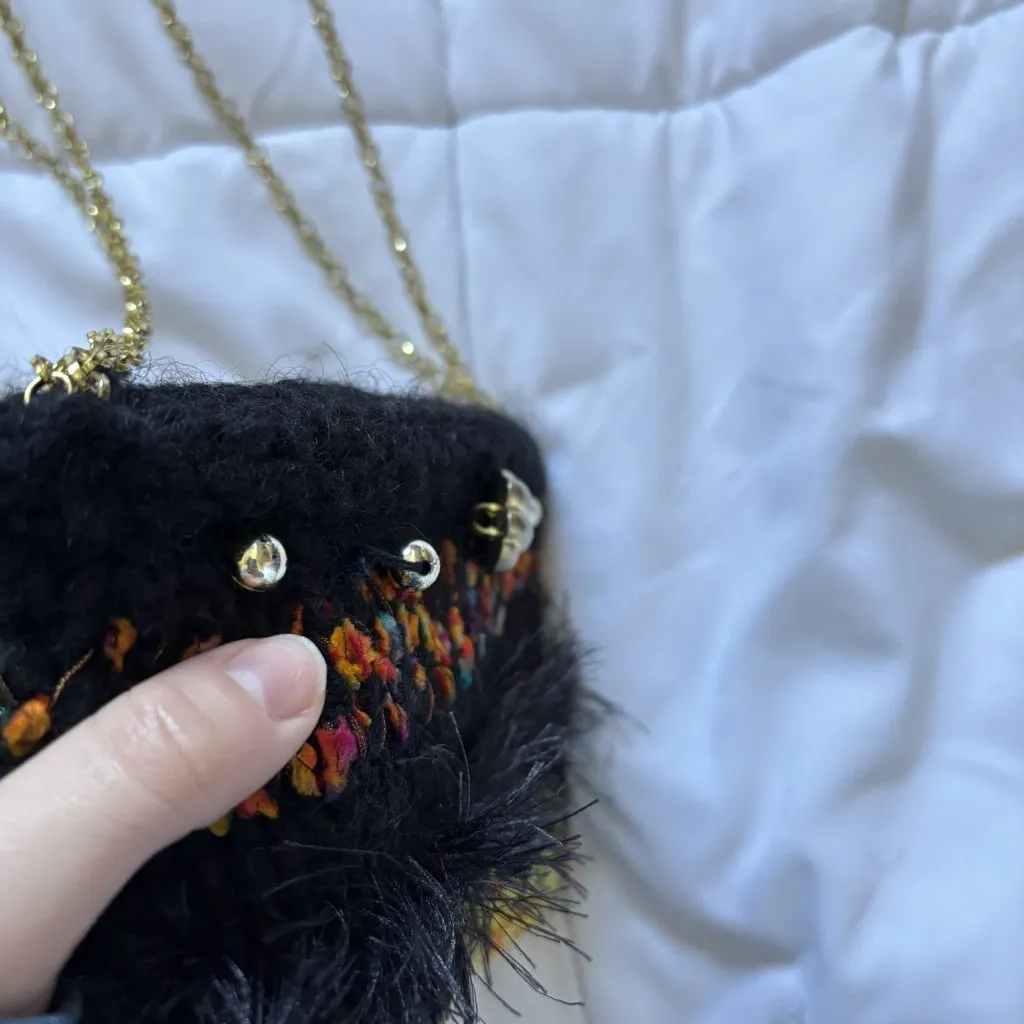 Vintage 90s Y2k Boho Bag Shoulder Fringe Hippie Gold Accents Black Green - Image 4