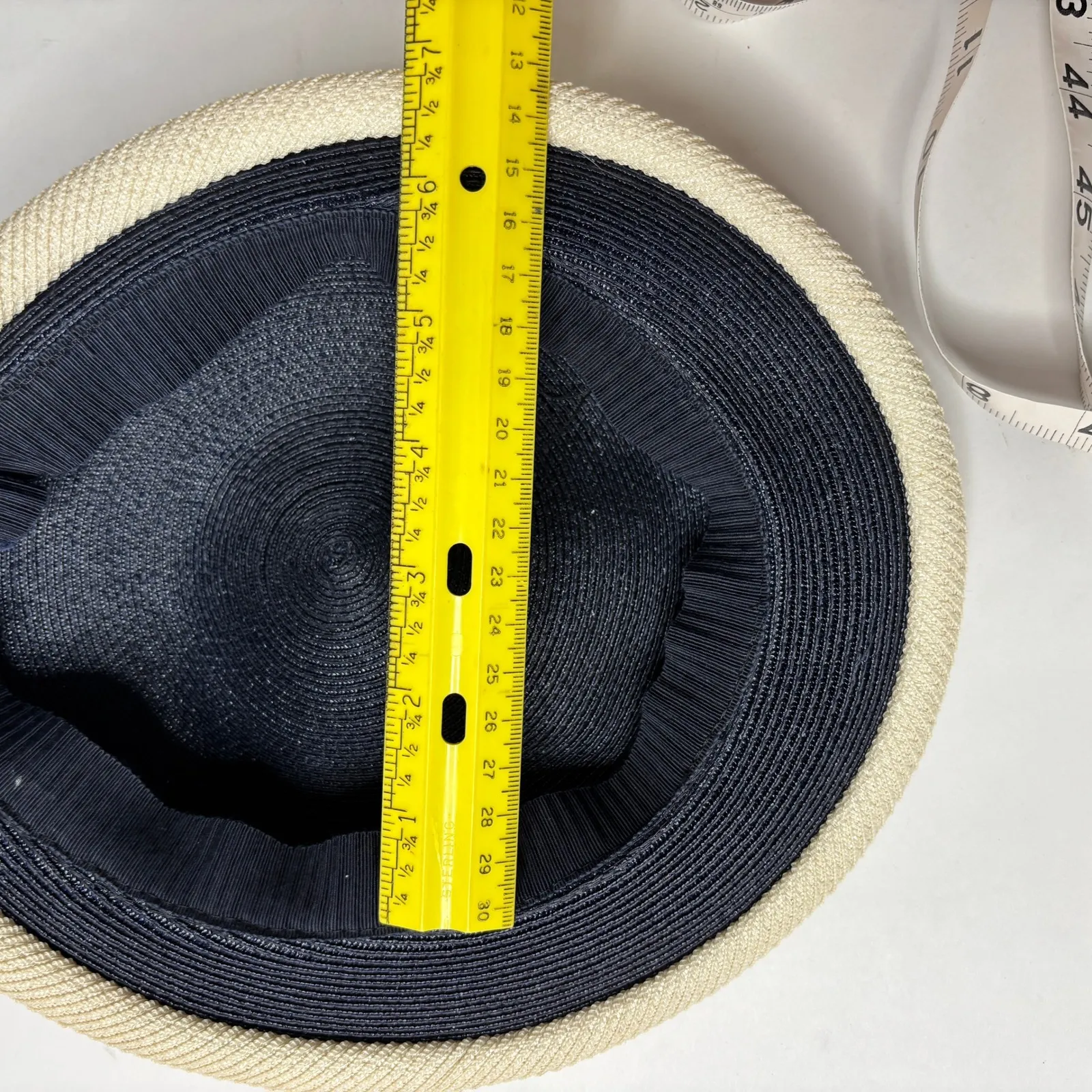 Vintage Womens Navy Blue Straw Hat With Red Ribbon Trim and Lattice Detail - Image 8