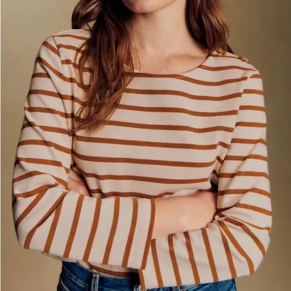 Sezane Colette Mariniere Striped Cotton Long Sleeve Shirt Ecru Camel Size Small - Image 2