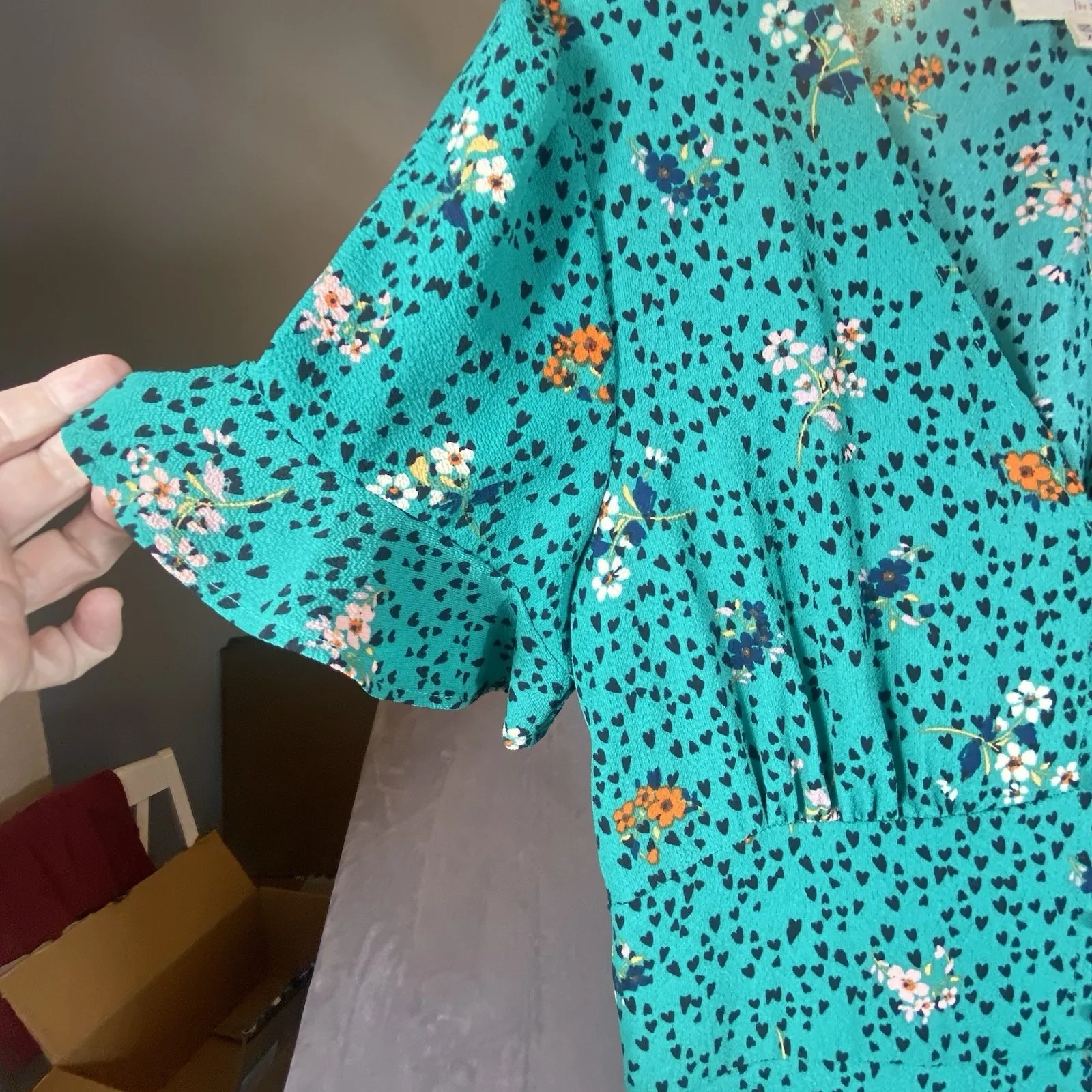 Bebop Floral Midi Dress L‎ XL Flutter Sleeve Babydoll Cottagecore Smocked Green - Image 6