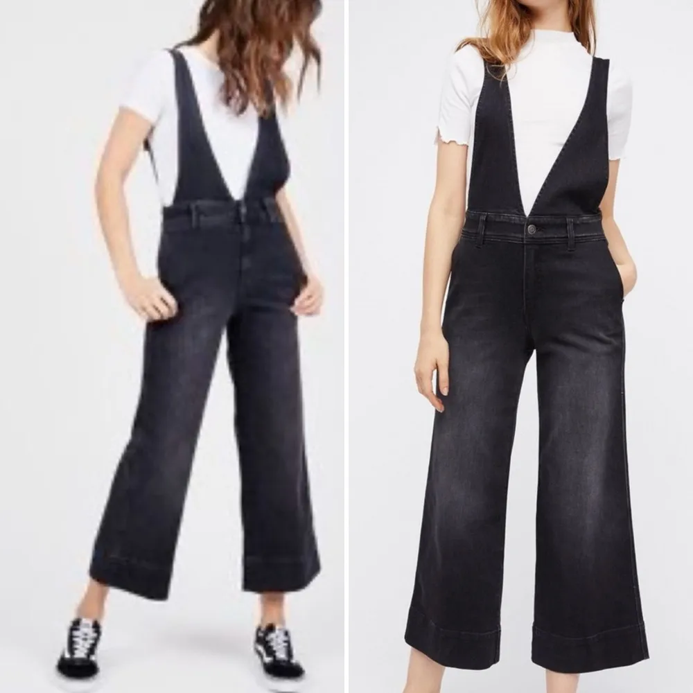 Free People A Line Wide Leg Cropped Plunging V Neck Denim Overalls - Sz 8 🧡🎀 - Image 3