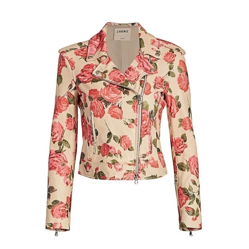 NWT | L’AGENCE 100% Genuine Leather Floral‎ Biker Jacket in Dawn Rosewood Pink Size XS - Image 3