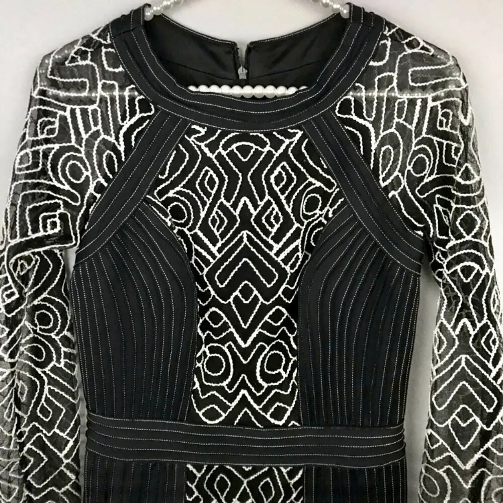 Tadashi Shoji Nima dress Black White Embroidered Lace Long Sleeve Sheath Sheer M - Image 5