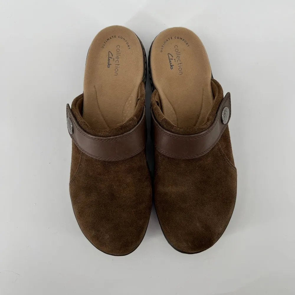 Clarks Women 7 Laurieann Strap Clog Taupe Brown Suede Slip On Casual Lightweight - Image 3