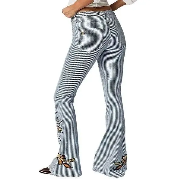 Flamingals Striped Embroidered Flare Jeans Light Blue 16 - Image 13