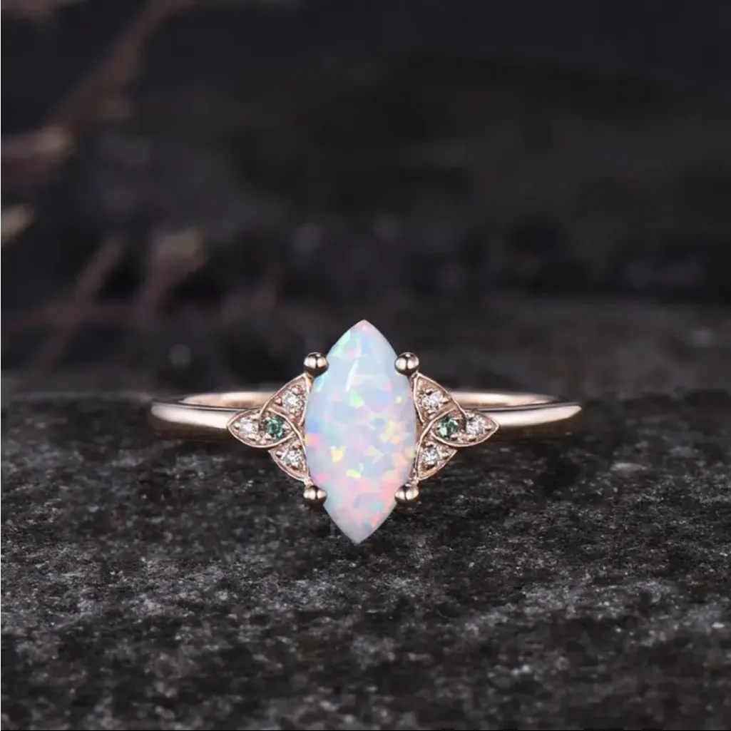 Opal & Crystal Marquise Ring Set Women’s Size 6 Vintage Inspired NWT White - Image 5