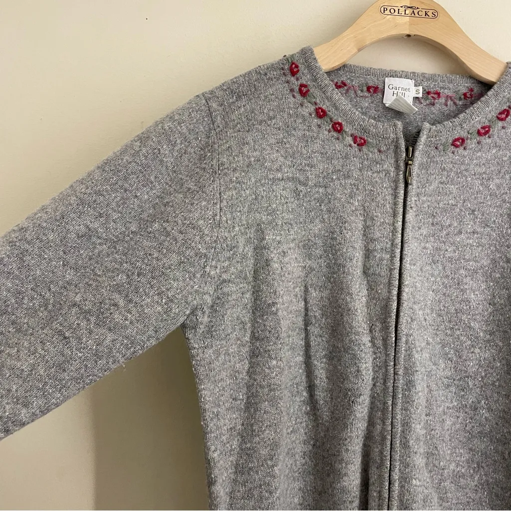 Garnet Hill Wool Angora Zip Cardigan Floral Embroidered Gray Size S - Image 5