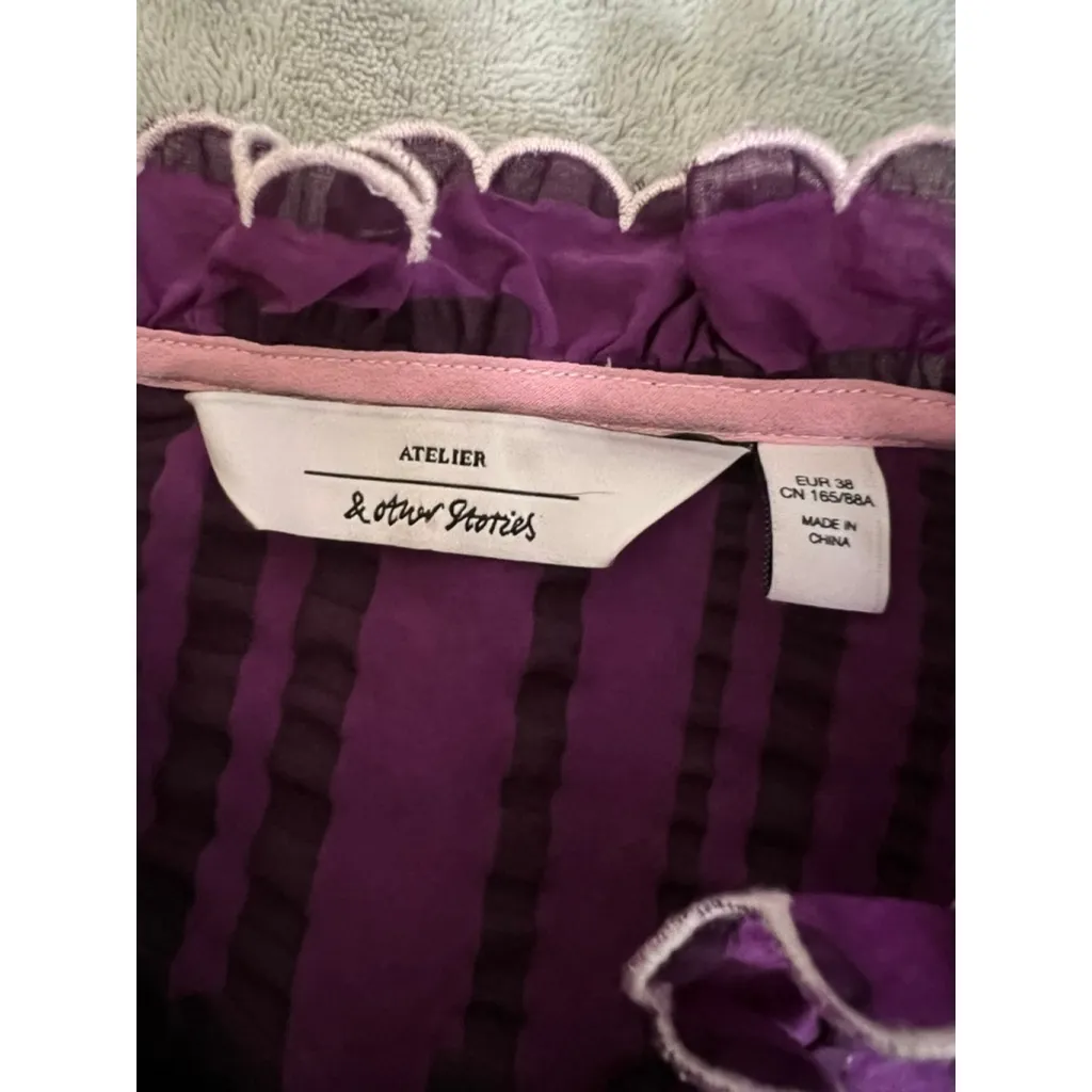 Women's & Other Stories Purple Striped Ruffle Blouse US 6 - Image 6