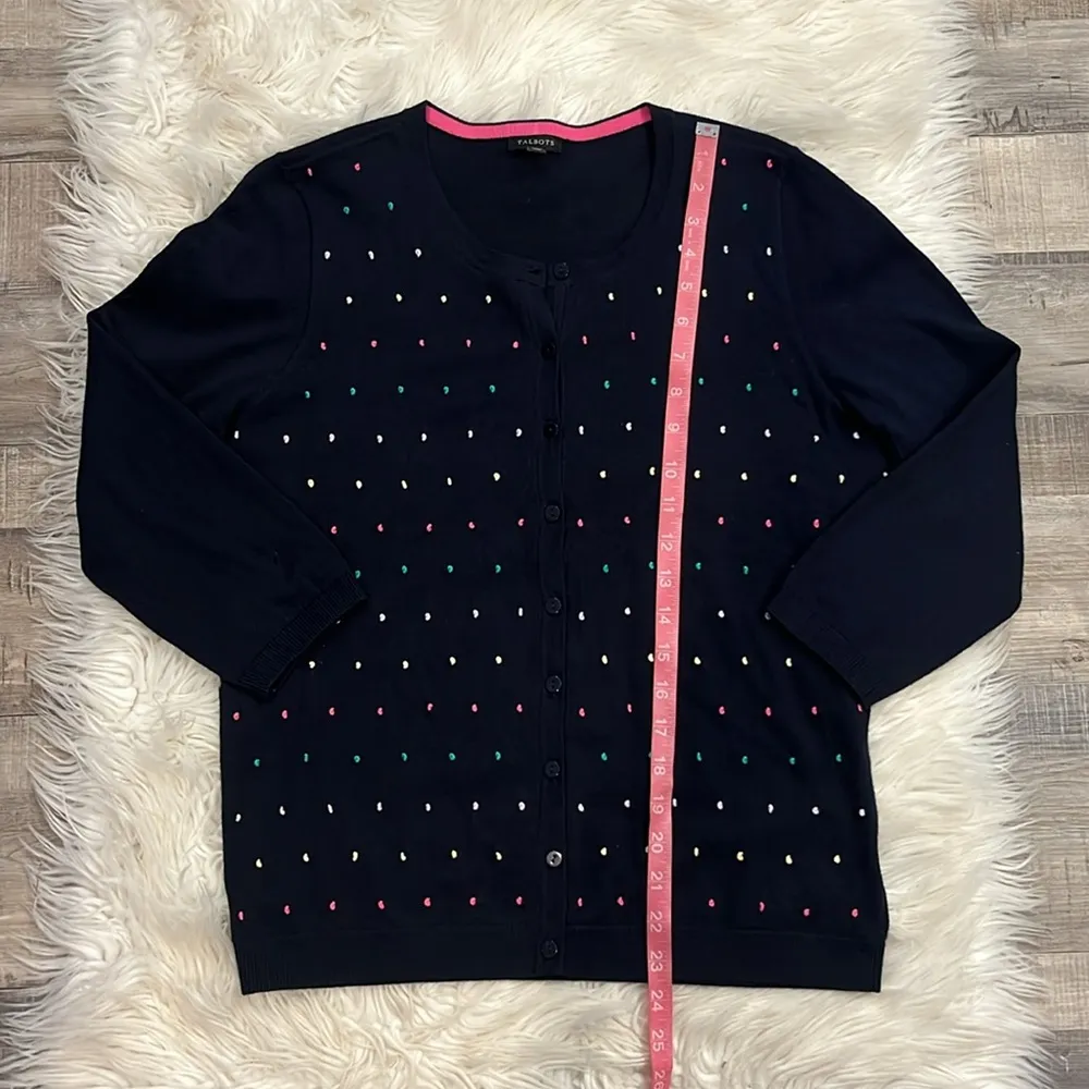 NWOT Talbots Charming navy blue embroidered dot cotton cardigan sweater M - Image 9