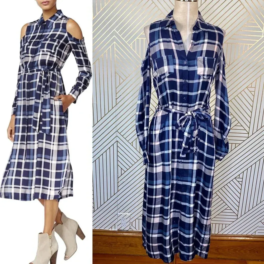 Maison Jules  Cold-Shoulder‎ Plaid Midi Shirt Dress - Image 2