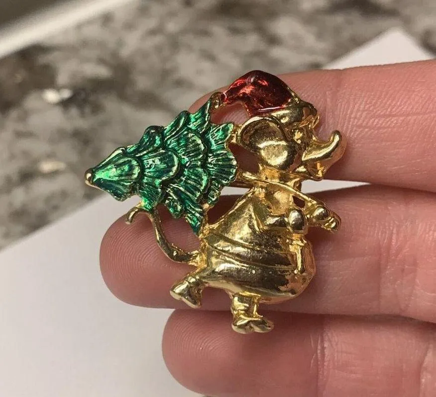 Lot Of 2 Costume Brooches Christmas Santa Claus Mouse / Rat With Tree - Image 6