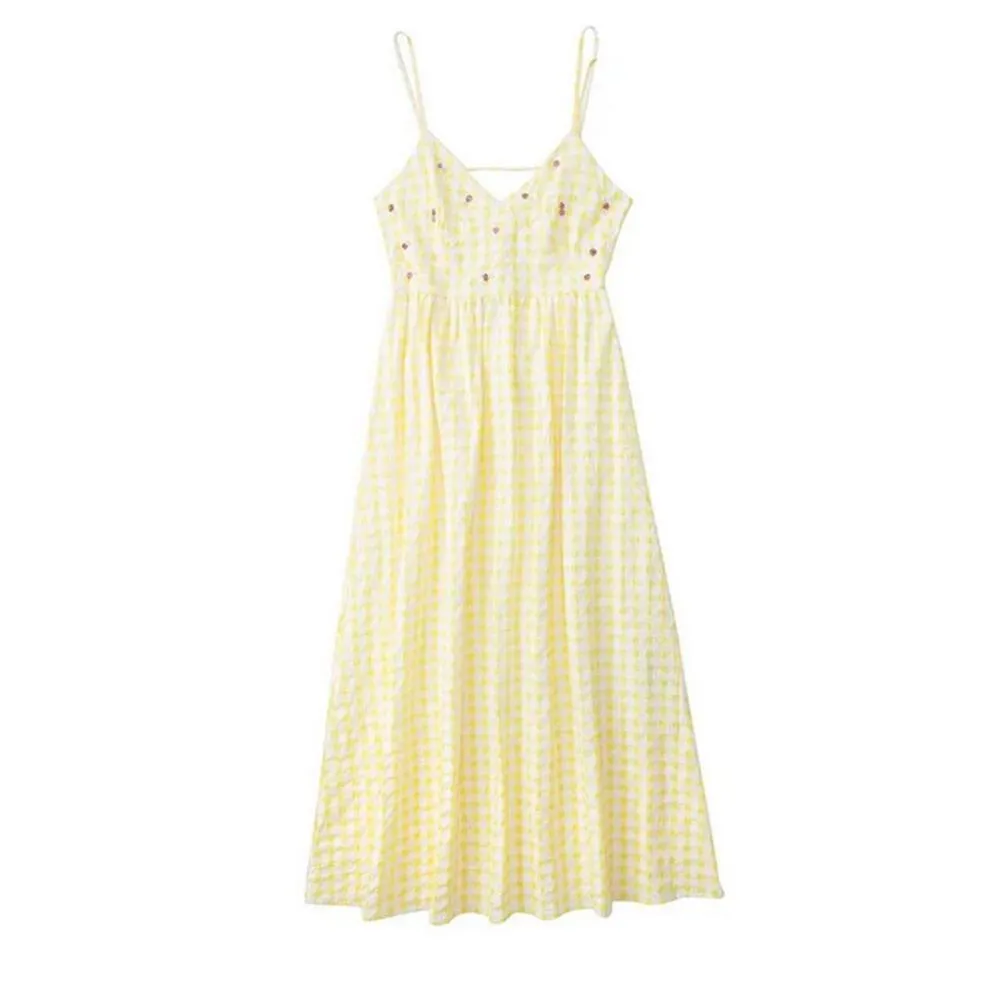 NWT ZARA Gingham Maxi Dress Yellow White Beaded Open Back XXLarge - Image 9