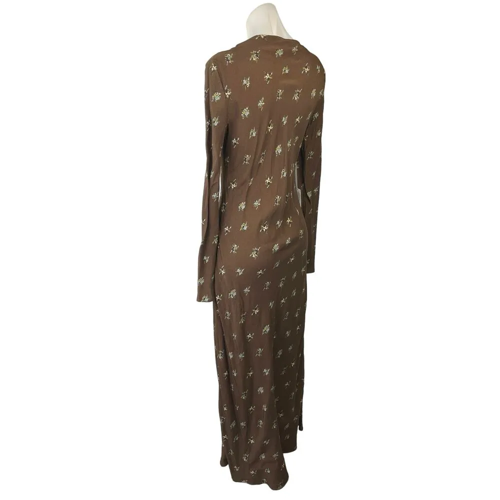NEW Topshop Brown Ditsy Floral Print Satin Slip Long Sleeve Slim Maxi Dress Sz 2 - Image 6