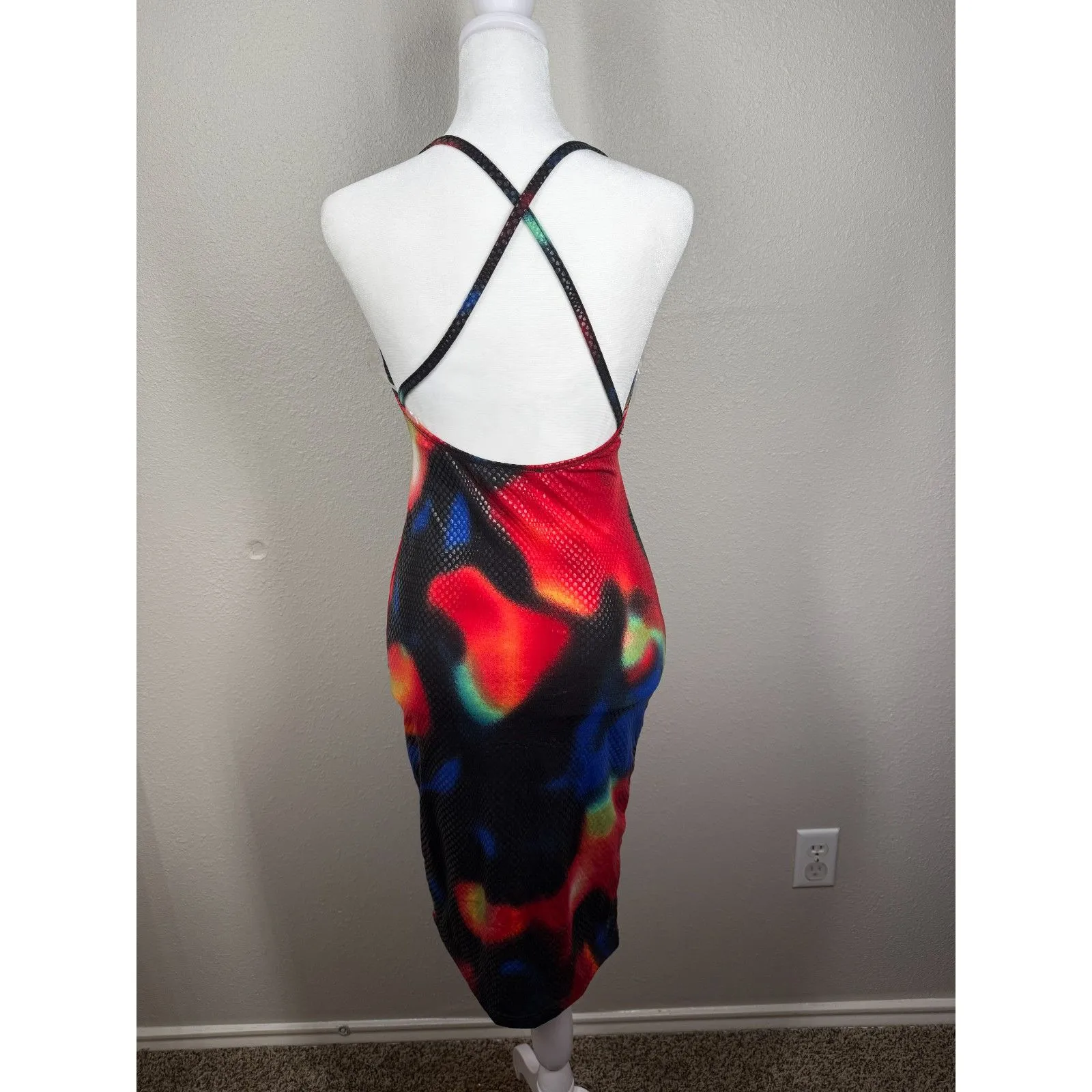 Vtg Y2k Magia USA Womens Colorful Bodycon Dress Sz M Disco Rave 70s Artsy Red Size M - Image 4