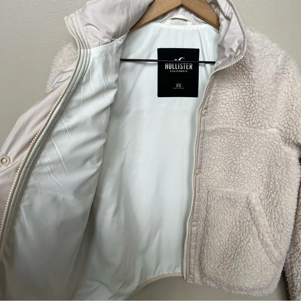 Hollister Cream Sherpa Bomber Jacket Full Zip with Snaps Size XS Off White - Image 6