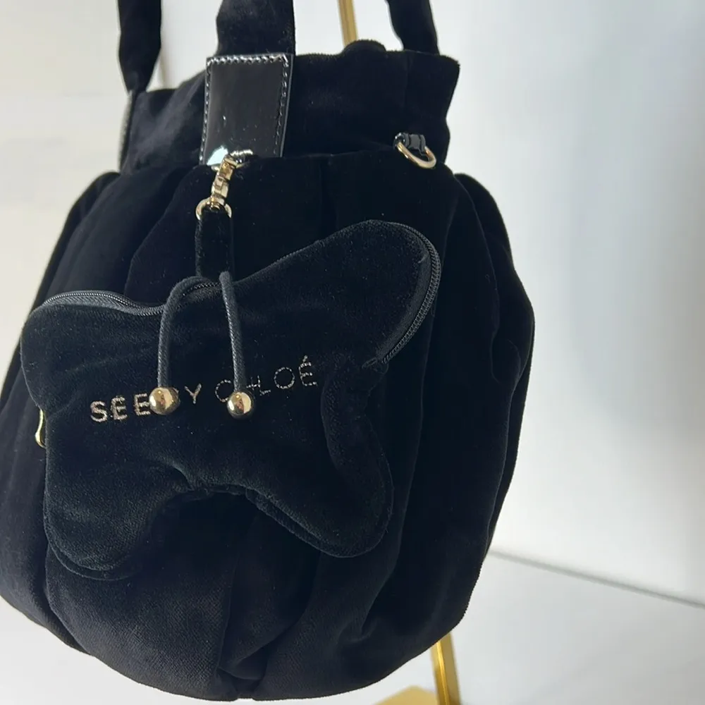 See by Chloe Black Velvet Handbag‎ with Butterfly Bag Charm / Coin Purse EUC - Image 2