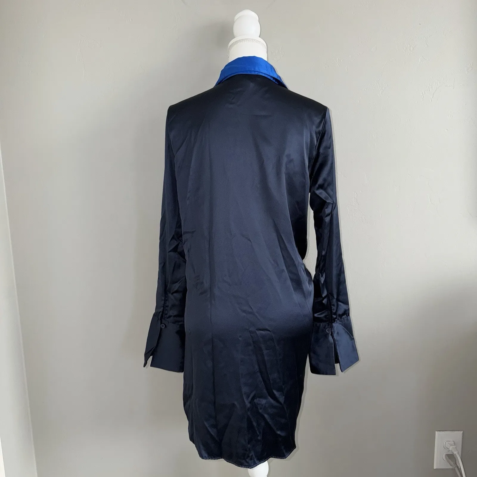 Aqua Color Block Tie Wrap Satin Mini Dress Size Small Black Blue MSRP $78 - Image 4