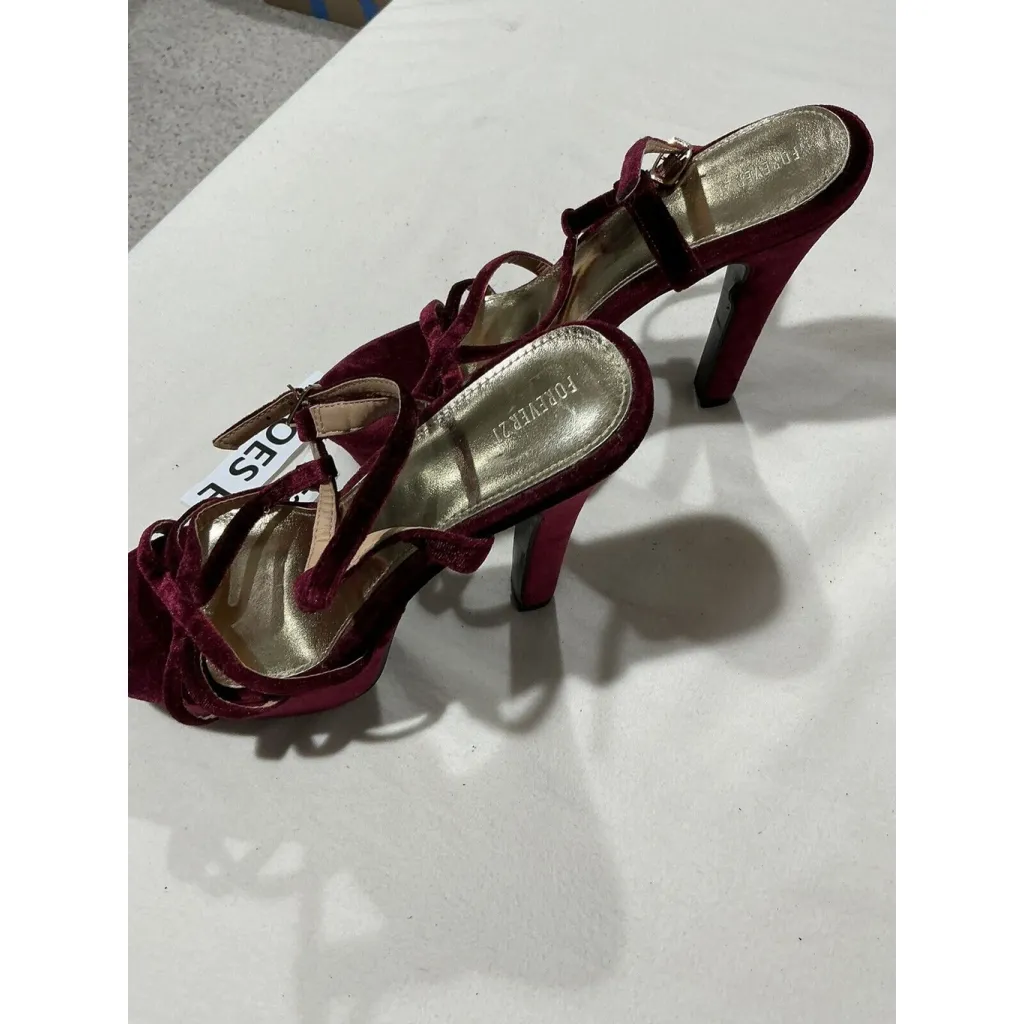 Womans Forever 21 8 Maroon Velvet Platform Open Toe Dress Heel Strappy - Image 3