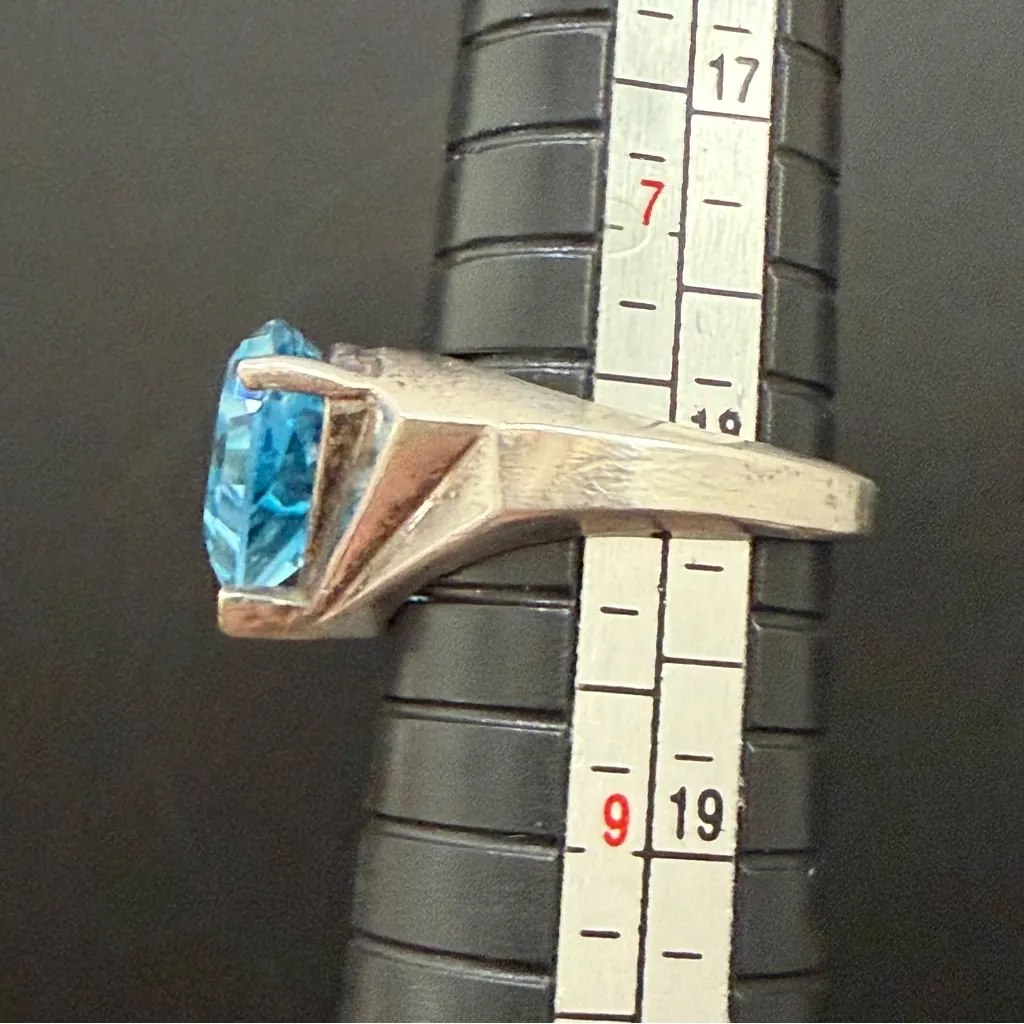 Vintage 925 Sterling Silver 10mm Trillion Cut Aquamarine Ring Size 8 6grams Blue - Image 5