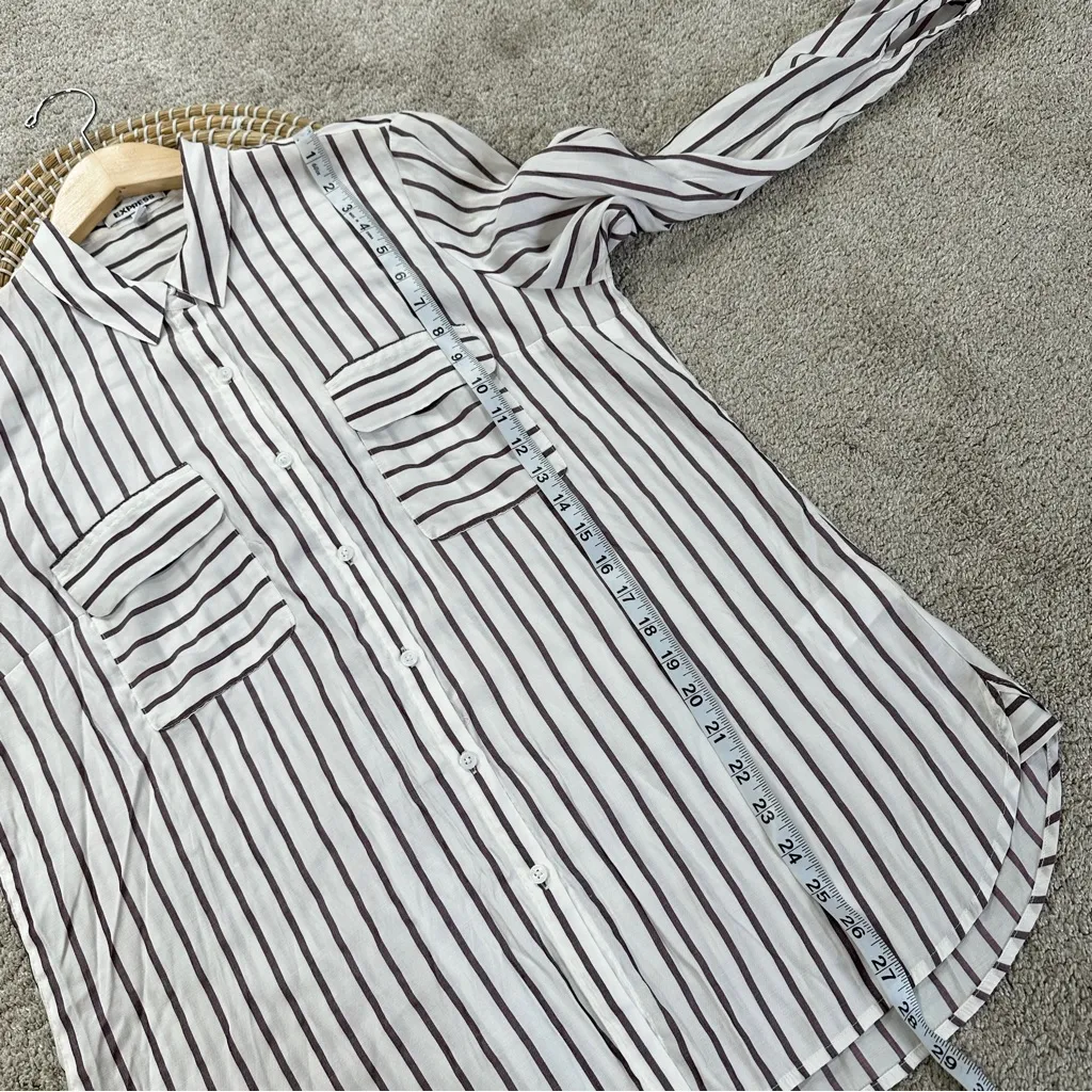 Express Women’s The City Stripe Button Up Shirt Top Longsleeve Office White L - Image 11