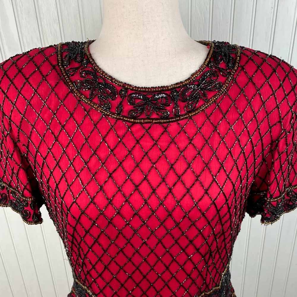 Vintage 80s Papell Boutique Evening Red Silk Beaded Top Women's Size Large - Image 3