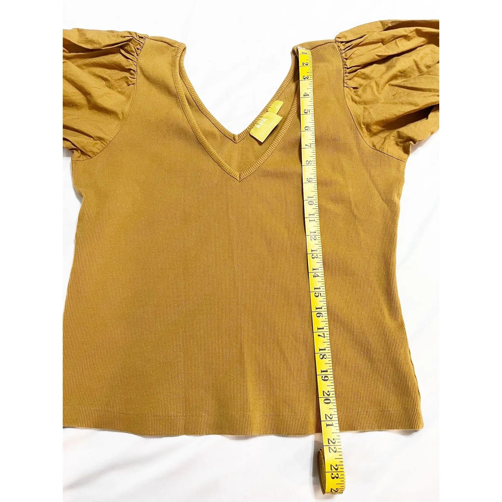 Maeve Anthropologie Puff Sleeved Top Womens Ribbed Knit V Neck Golden Yellow LP - Image 10