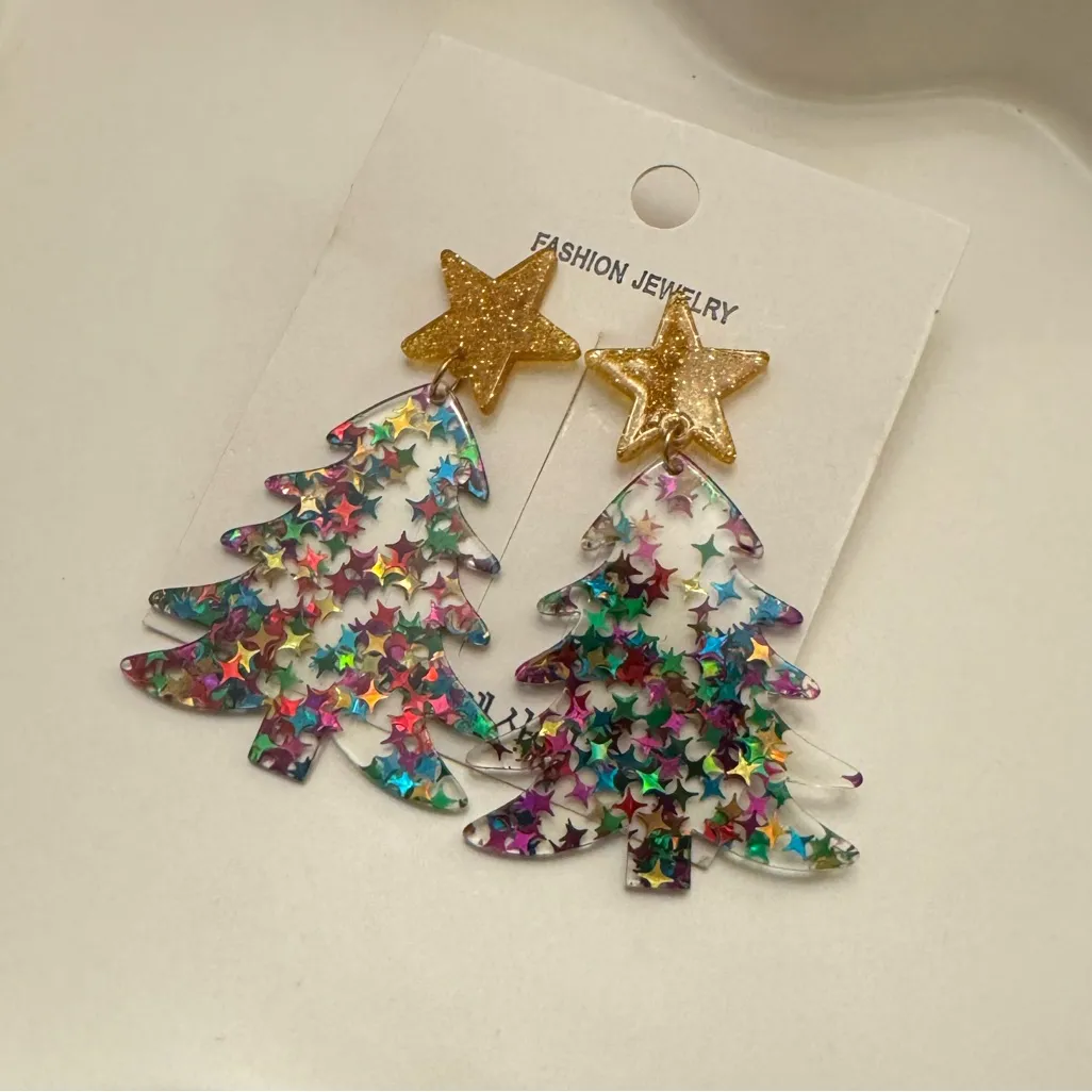 Festive Glitter Christmas Tree Dangle Earrings Gold - Image 4