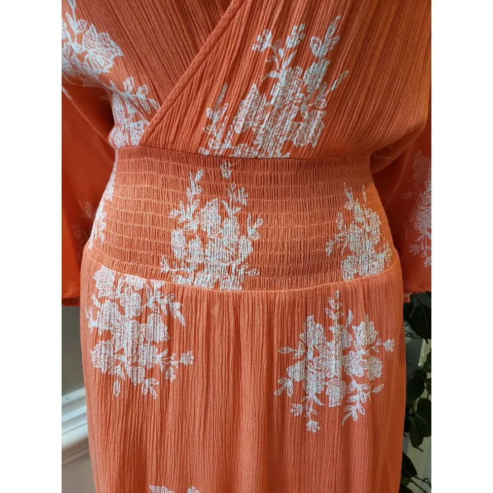 Oddi Long Maxi Dress Women's Size 2XL Orange Smocked Waist V Neck Kimono Sleeve - Image 5