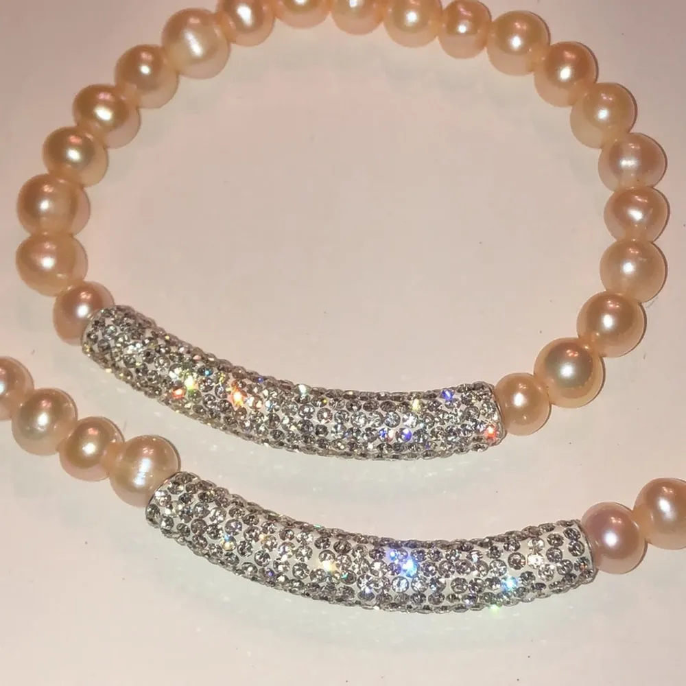 Pale Pink Genuine Pearls CZ Rhinestone Necklace Bracelet Set - Image 6
