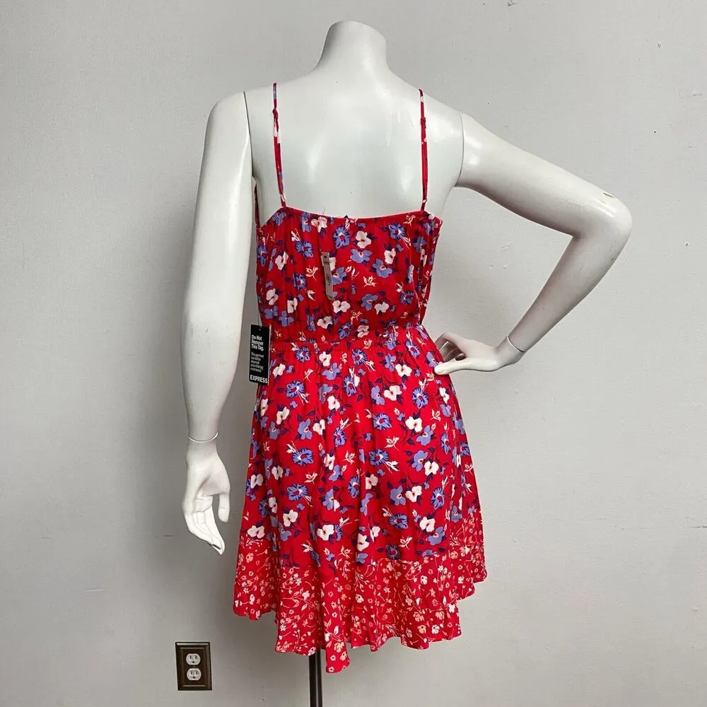 NWT Express Women's Red Floral Ruffle Wrap Dress Size S/P Hawiian Aloha Tropical - Image 5