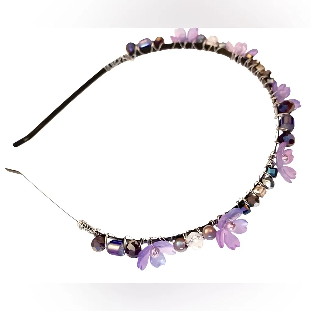 Fairy Headband with Lucite Flowers and Crystals Hand Wired onto Black Headband - Image 5