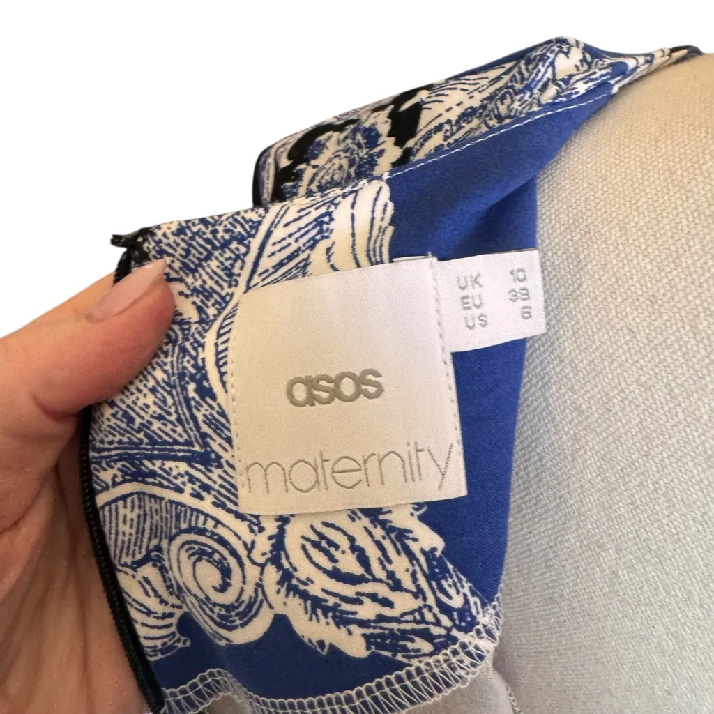 ASOS Maternity - Blue & White Baroque Print Short Sleeve Dress Sz 6 - Image 6