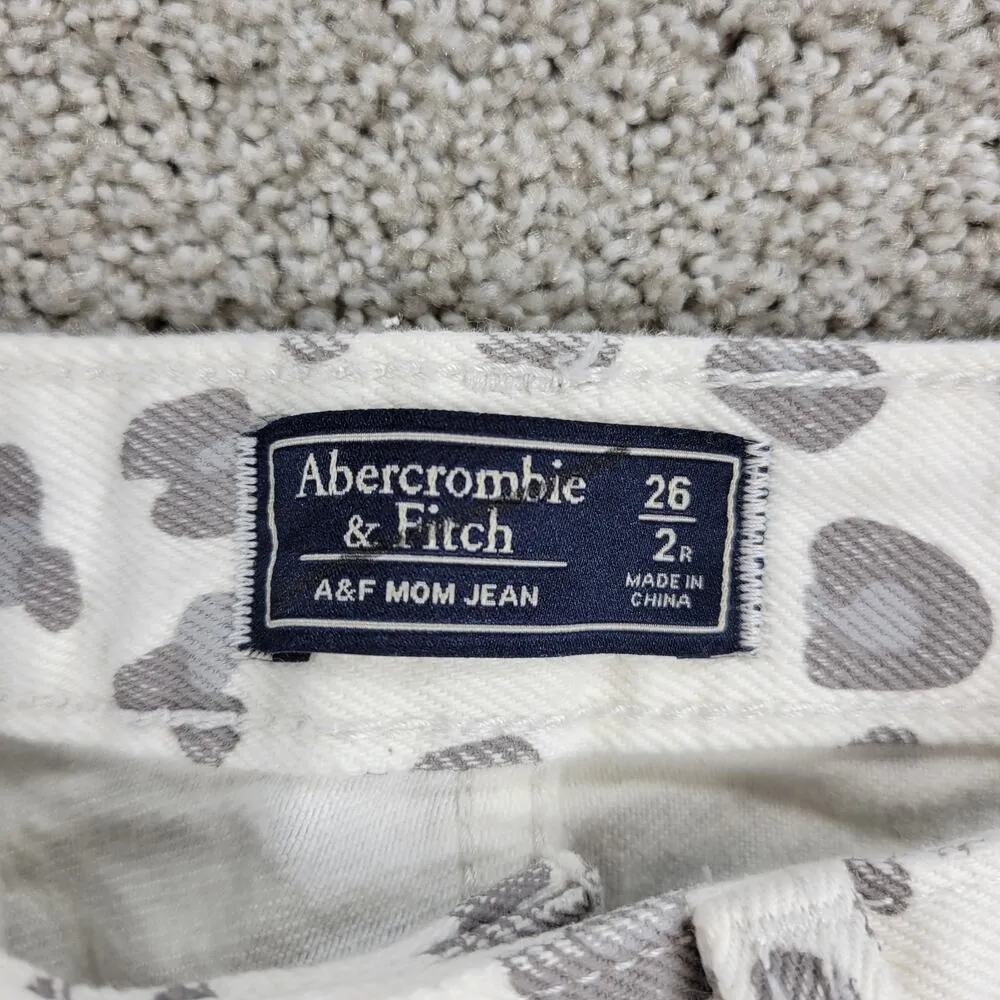 Abercrombie & Fitch Womens Mom Jeans 2 White Gray Leopard Raw Hem Slim Fit Denim - Image 11