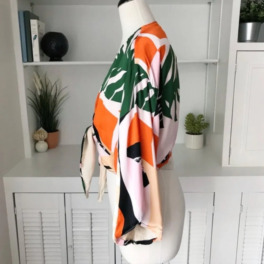 Revolve Skye & Staghorn Eddie Kimono Tie Top M Satin Tropical Mod Palm Print Pink Size M - Image 9